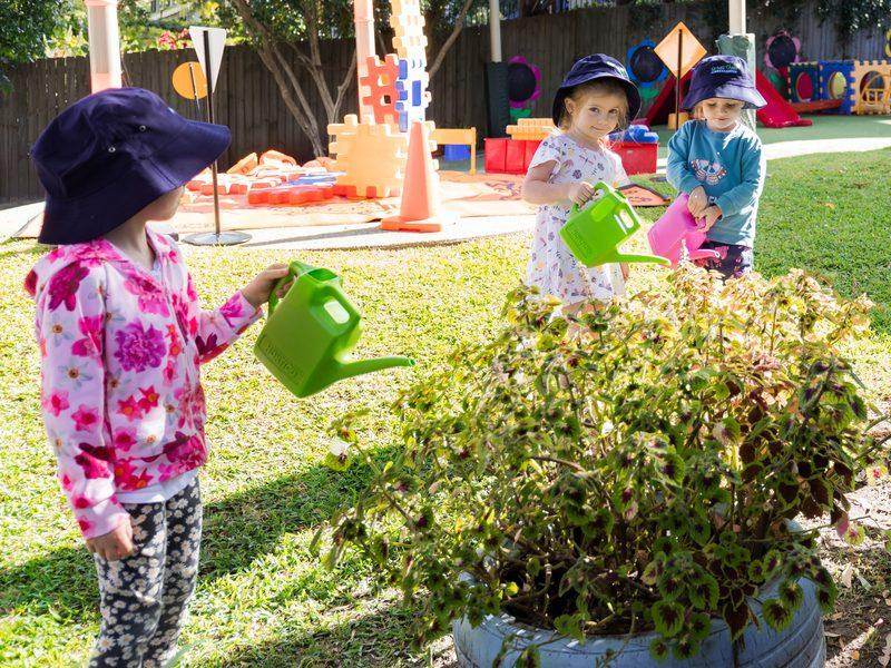 Three children watering the garden plants with watering cans, on a sunny morning in the playground